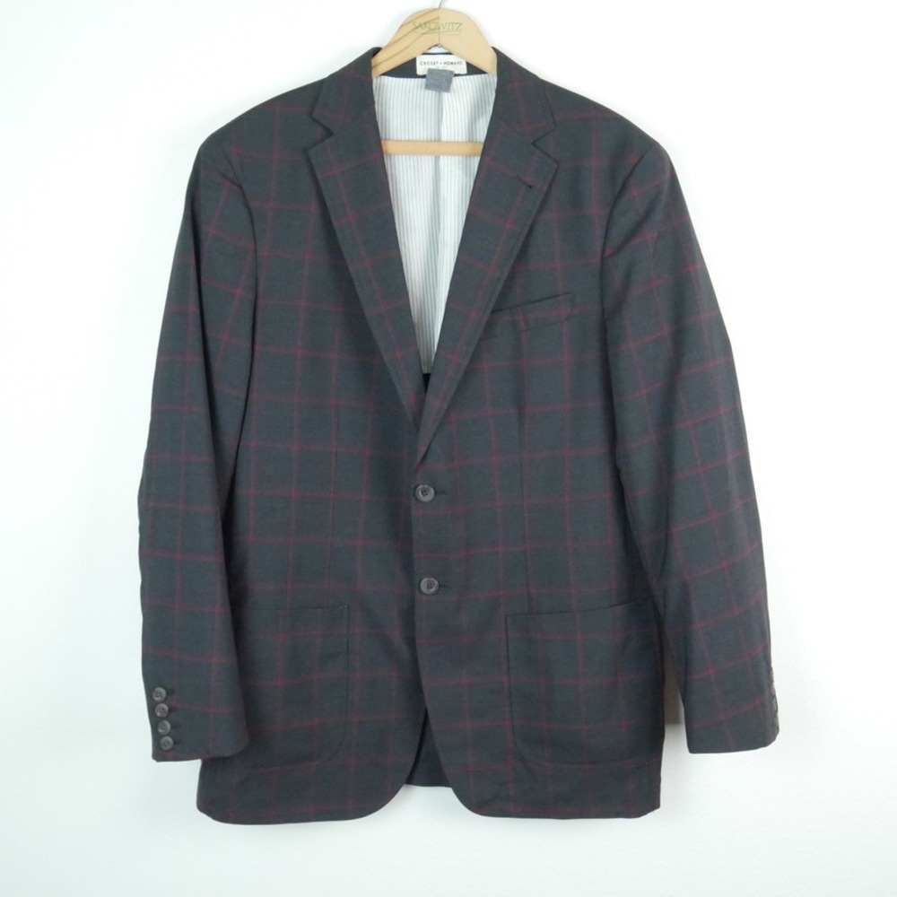 Crosby & Howard Reda Italian Wool Gray Red Plaid Unstructured Stretch Blazer XL
